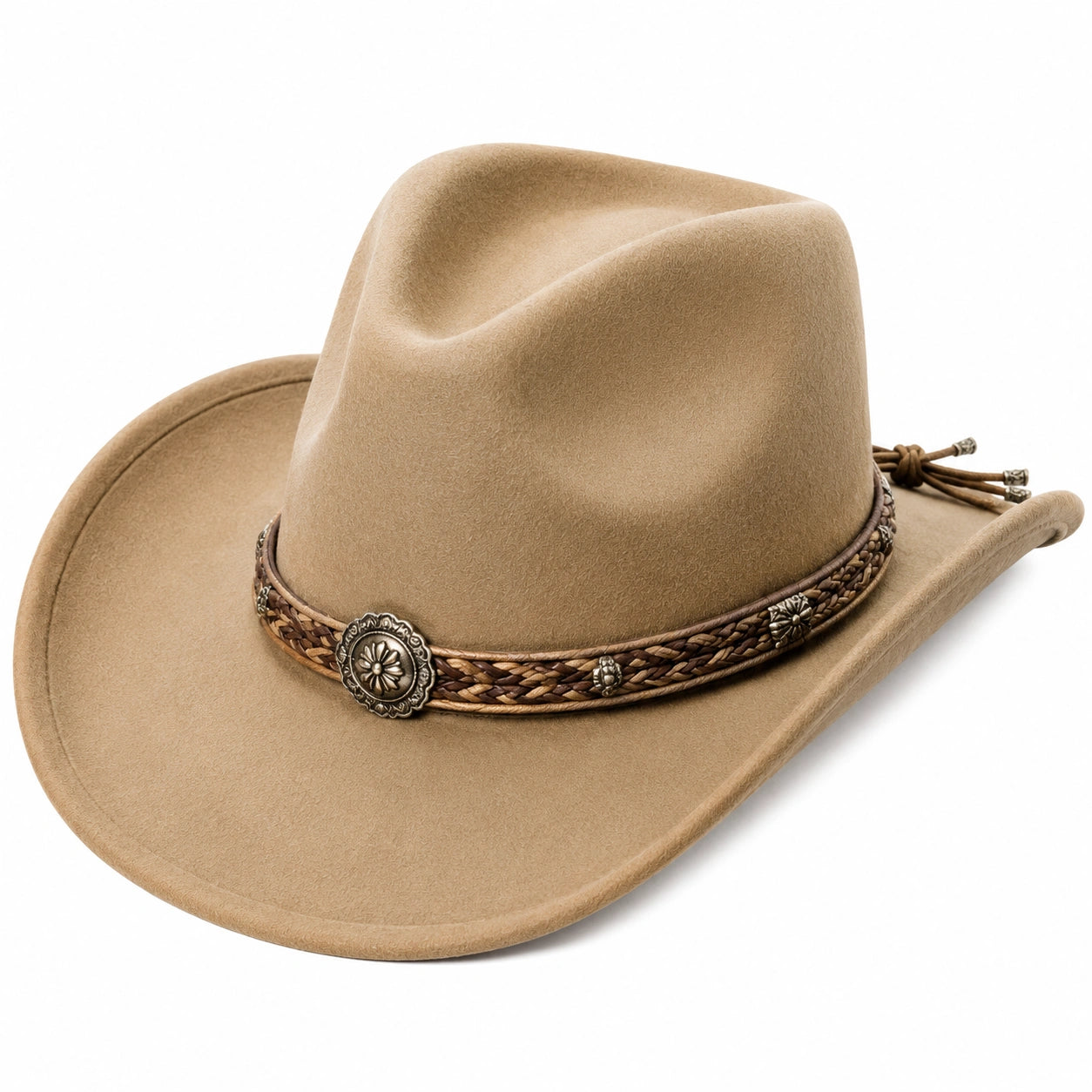 Cowboyhut One Size in Camel mit samtiger Oberfläche und Flechtband im Westernstil
