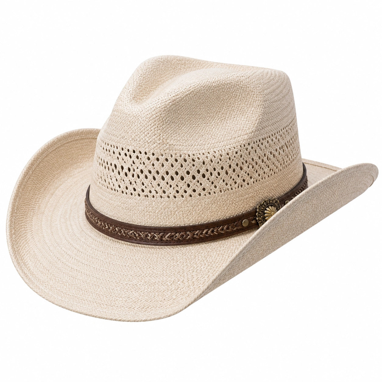 Cowboyhut Einheitsgröße aus geflochtenem Stroh Beige mit Belüftung im Westernstil