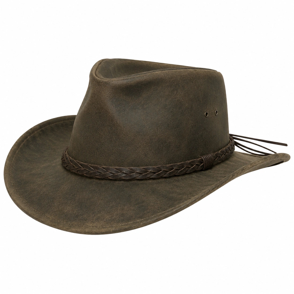 Cowboyhut Einheitsgröße lederähnliche Oberfläche Olivbraun mit geflochtenem Band