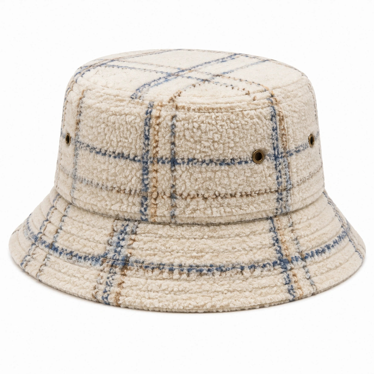 Fischerhut Einheitsgröße aus Teddyfleece in Cremeblau mit Karomuster