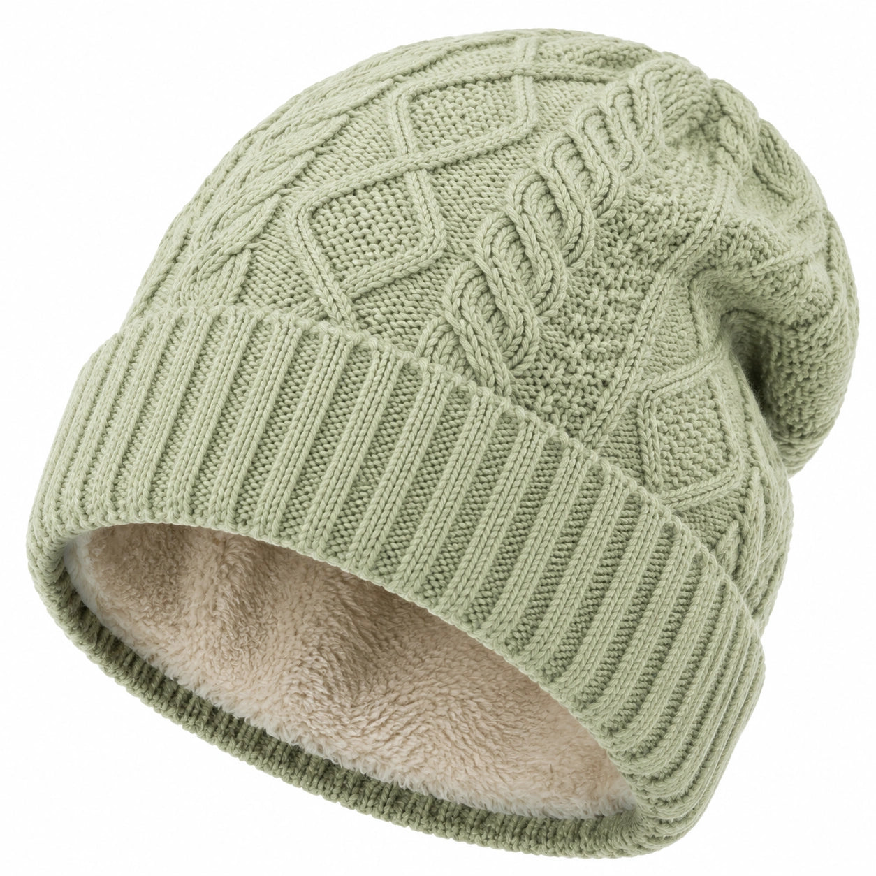 Strickmütze Einheitsgröße Hellgrün mit Zopfmuster und Fleecefutter