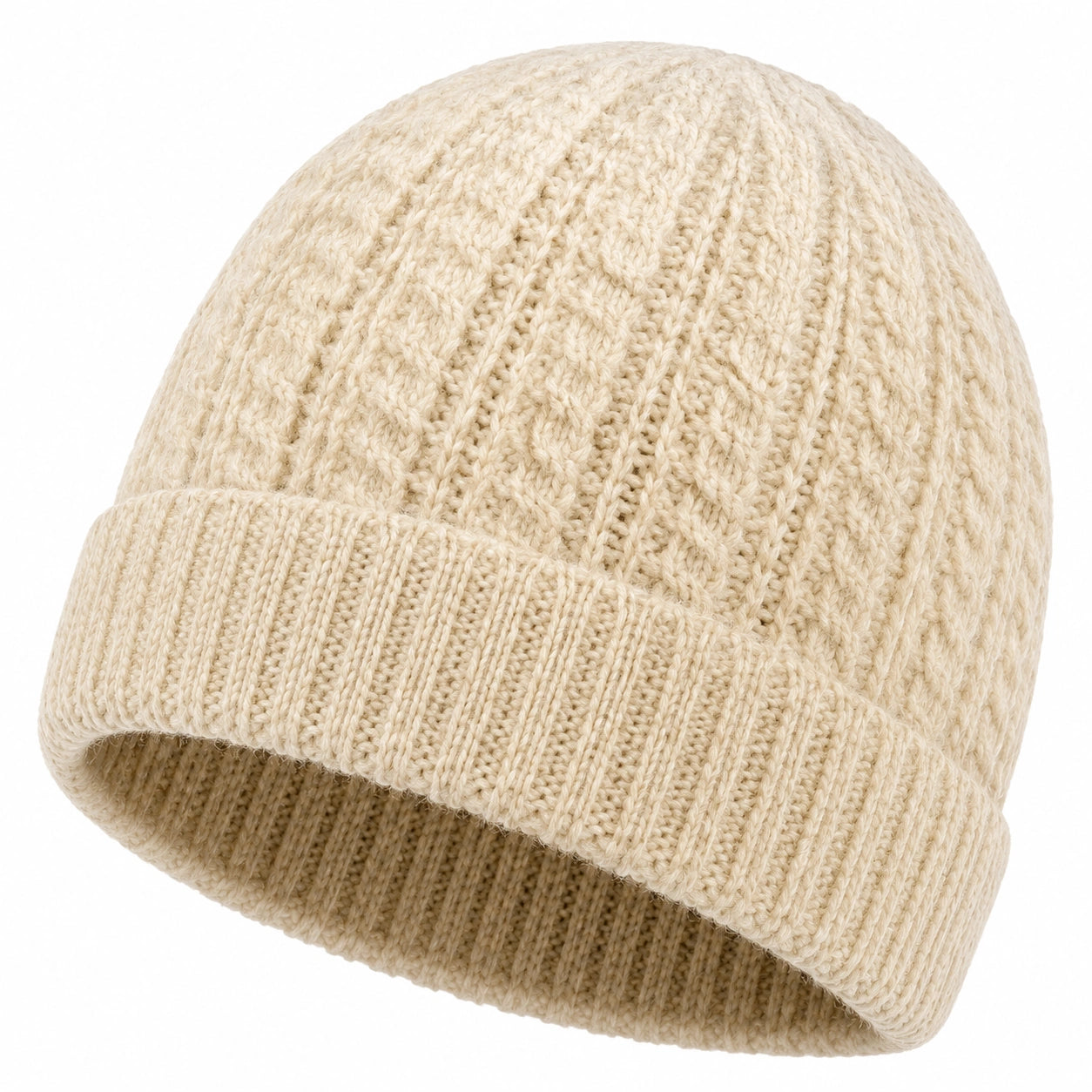 Strickmütze Einheitsgröße Creme mit Umschlag Zopfmuster für Alltag und Winter